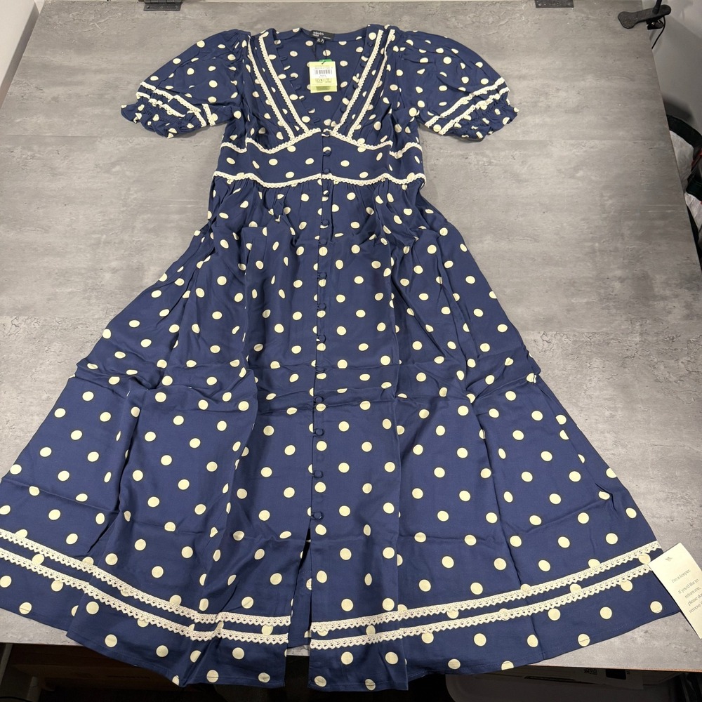 Nobody's Child Saffy Dress 8 Midi Puff Sleeve Dark Blue Polka Dot Lace Trim $150